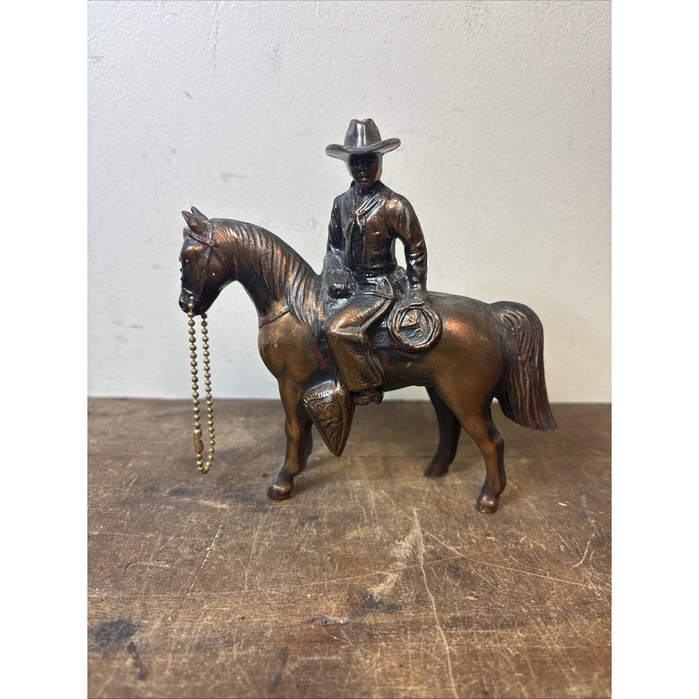 Vtg. Copper Toned Metal Horse and Cowboy-5.5" Cowboy to Hoofs